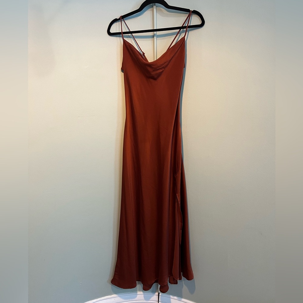 ASTR the label - Gaia Brown/Rust midi cowl neck slip dress with slit - EUC